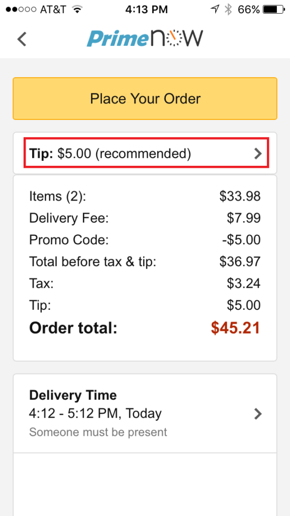 Amazon Flex Prime Now provides customers with a 5 dollar default tip amount.