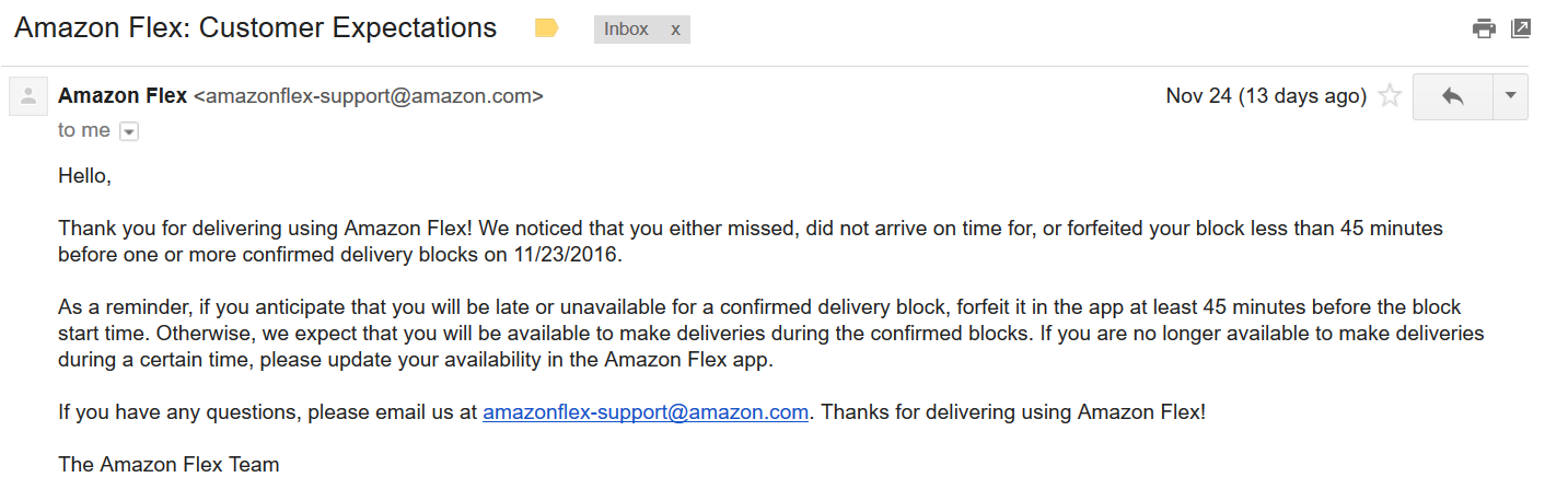 Amazon Flex will send you an email warning if you do not meet their standards.